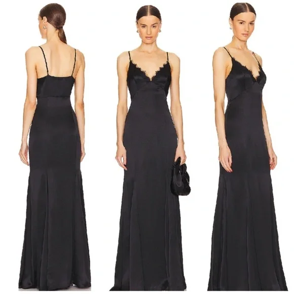 L'AGENCE Black Silk Gown with Lace Edging